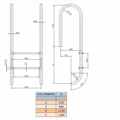 Лестница Kripsol Mixta IMX 3.D AISI-316 (3 ступ.)  фото №3