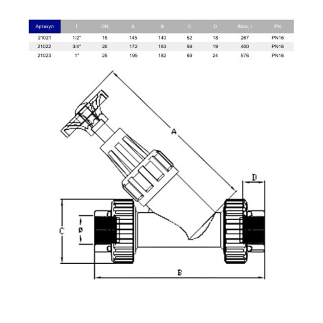 Кутовий вентиль ПВХ Hidroten 1021023, різьбове з'єднання d1"  фото №2